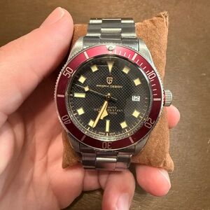 Pagani Design Mens Automatic Dive Watch -Burgundy Bezel, Black Dial, Tudor Stye